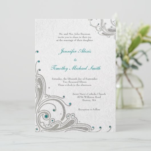 Silver glitter swirls + waterjuwelen bruiloft kaart (Staand voorkant)