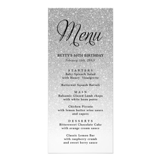 Silver Glitter Tall Menu Kaart (Voorkant)