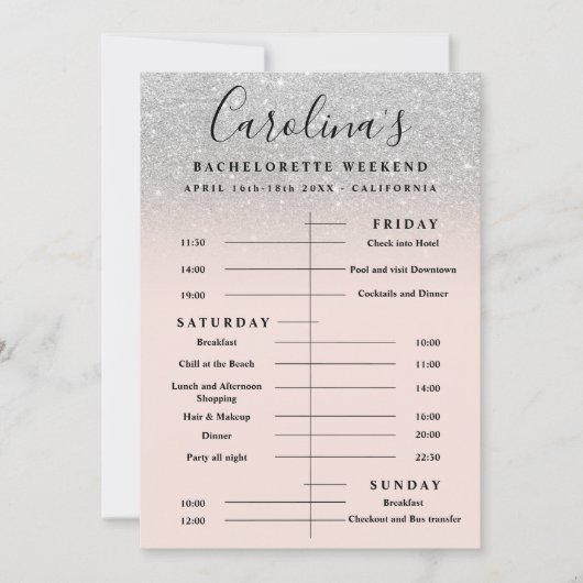 Silver glitter time line bachelorette weekend kaart (Voorkant)