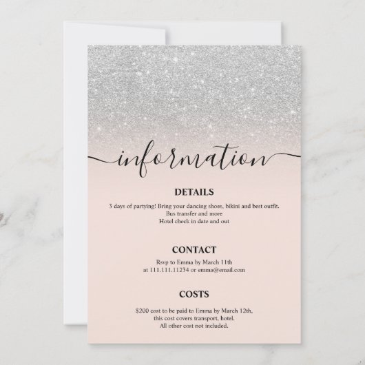 Silver glitter time line bachelorette weekend kaart (Achterkant)