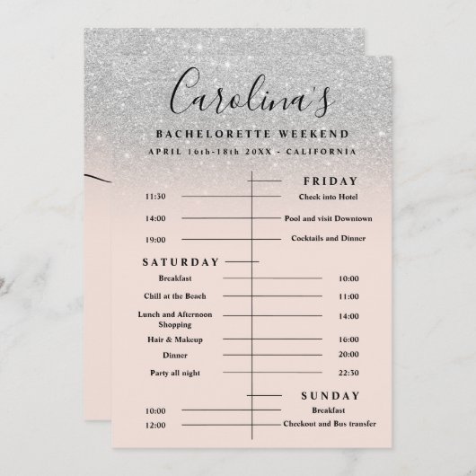 Silver glitter time line bachelorette weekend kaart (Voorkant / Achterkant)