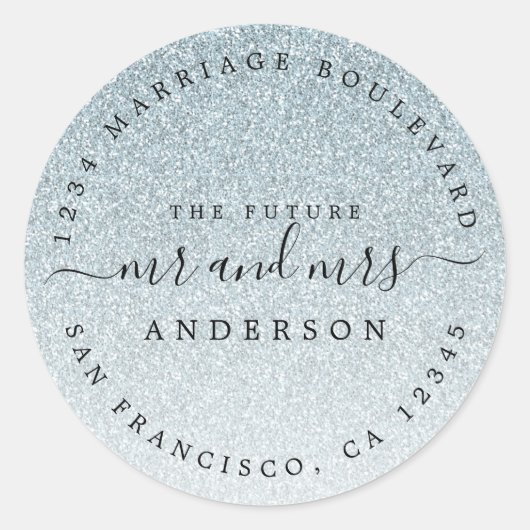 Silver Glitter Toekomst Mr Mrs. Retouradres Ronde Sticker (Voorkant)
