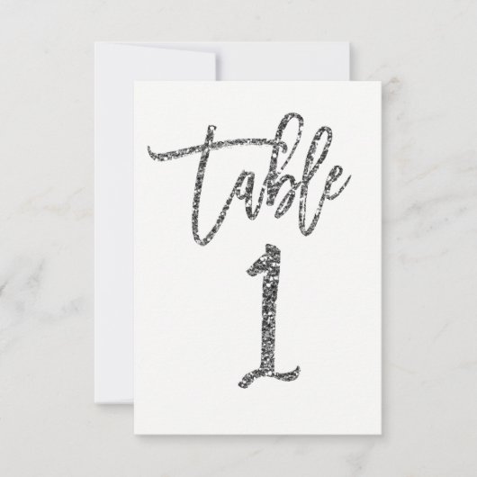Silver Glitter Trendy Modern Script Table Number 1 Kaart (Voorkant)