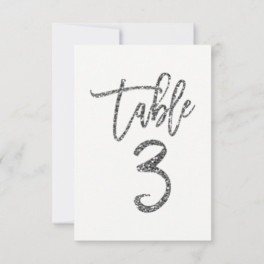Silver Glitter Trendy Modern Script Table Number 3 Kaart (Achterkant)