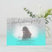 Silver glitter turkooise chic foto afstuderen kaart (Staand voorkant)