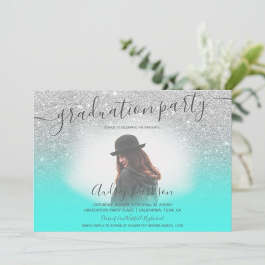 Silver glitter turkooise chic foto afstuderen kaart (Staand voorkant)