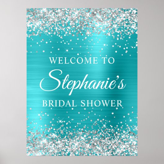 Silver Glitter Turqouise Blue Foil Bridal Shower Poster (Voorkant)