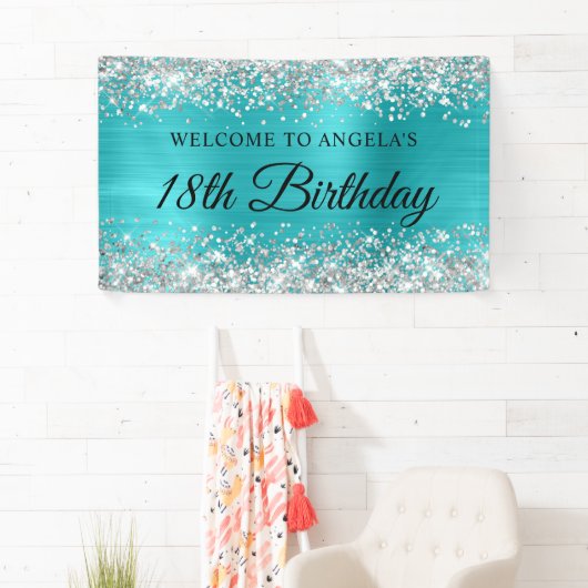 Silver Glitter Turquoise Blauwe Folie 18e Verjaard Spandoek (Insitu)