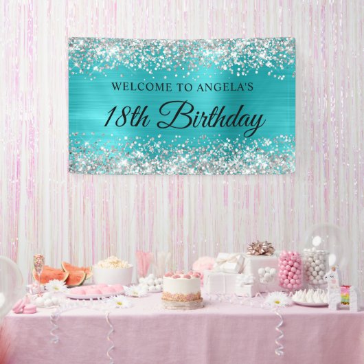 Silver Glitter Turquoise Blauwe Folie 18e Verjaard Spandoek (Feest)