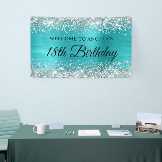 Silver Glitter Turquoise Blauwe Folie 18e Verjaard Spandoek (Beurs)