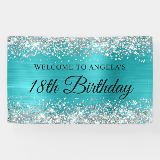 Silver Glitter Turquoise Blauwe Folie 18e Verjaard Spandoek (Horizontaal)