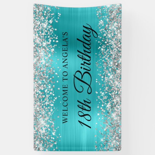 Silver Glitter Turquoise Blauwe Folie 18e Verjaard Spandoek (Verticaal)
