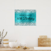 Silver Glitter Turquoise Blauwe Folie 40e Verjaard Poster (Keuken)