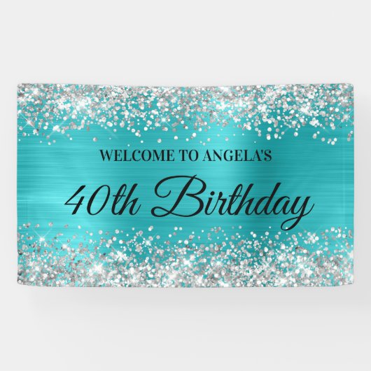Silver Glitter Turquoise Blauwe Folie 40e Verjaard Spandoek (Horizontaal)