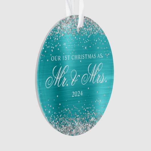 Silver Glitter Turquoise Blue Folie 1st Christmas Ornament (voorkant)