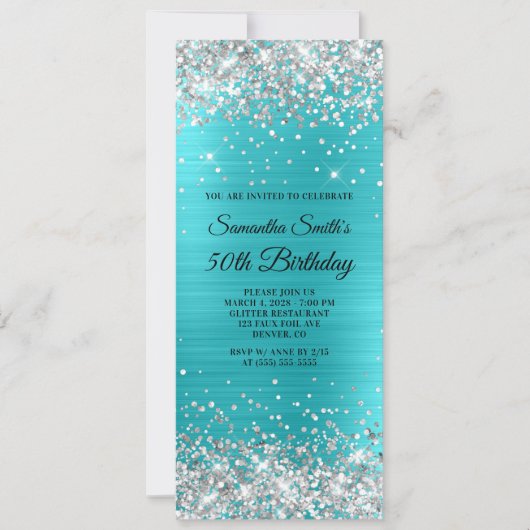 Silver Glitter Turquoise Blue Folie 50th Birthday Kaart (Voorkant)