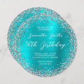 Silver Glitter Turquoise Blue Folie 50th Birthday Kaart (Voorkant / Achterkant)