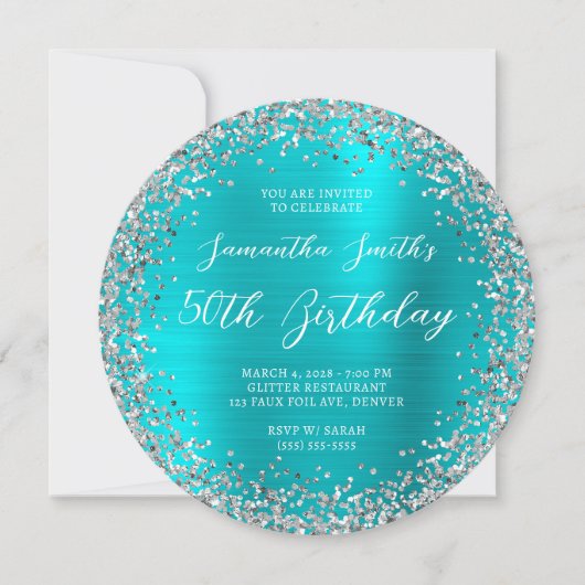 Silver Glitter Turquoise Blue Folie 50th Birthday Kaart (Voorkant)