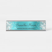 Silver Glitter Turquoise Blue Folie Bureau Naambordje (Voorkant)