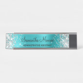 Silver Glitter Turquoise Blue Folie Bureau Naambordje (Voorkant)