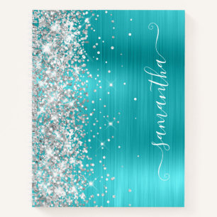 Silver Glitter Turquoise Blue Folie Girly Signatur Notitieboek
