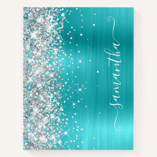 Silver Glitter Turquoise Blue Folie Girly Signatur Notitieboek (Voorkant)