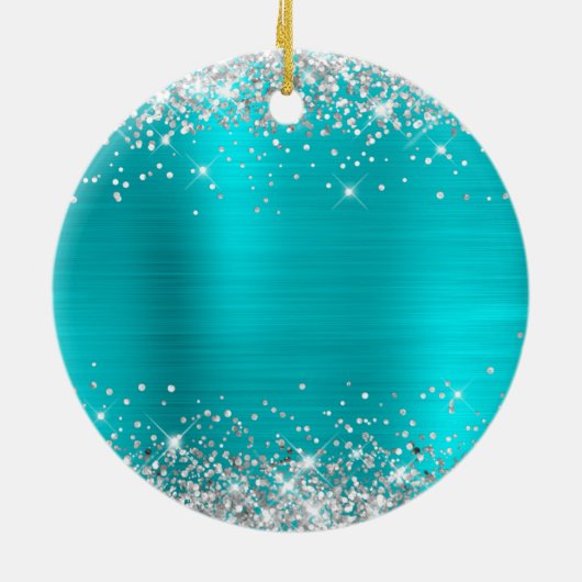Silver Glitter Turquoise Blue-Folie Keramisch Ornament (Achterkant)