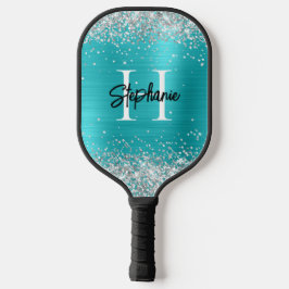Silver Glitter Turquoise Blue Folie Monogramed Pickleball Paddle