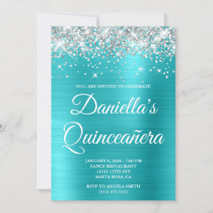 Silver Glitter Turquoise Blue Folie Quinceañera Kaart