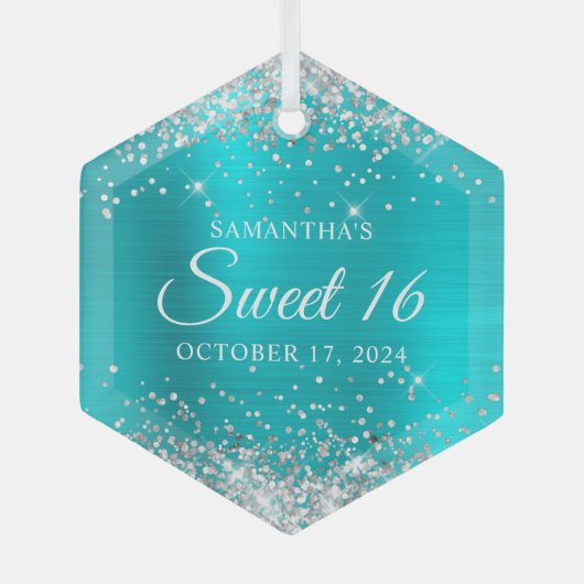 Silver Glitter Turquoise Blue Folie Sweet 16 Glas Ornament (Voorkant)