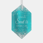 Silver Glitter Turquoise Blue Folie Sweet 16 Glas Ornament (Voorkant Rechts)