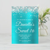 Silver Glitter Turquoise Blue Folie Sweet 16 Kaart (Staand voorkant)