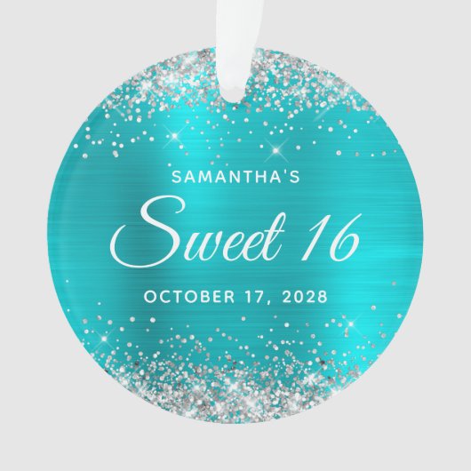 Silver Glitter Turquoise Blue Folie Sweet 16 Ornament (voorkant)