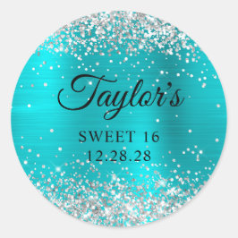 Silver Glitter Turquoise Blue Folie Sweet 16 Ronde Sticker