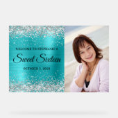 Silver Glitter Turquoise Blue Folie Sweet Sixteen Acryl Bord (Voorkant)