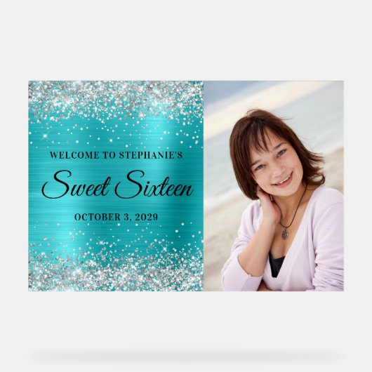 Silver Glitter Turquoise Blue Folie Sweet Sixteen Acryl Bord (Voorkant)