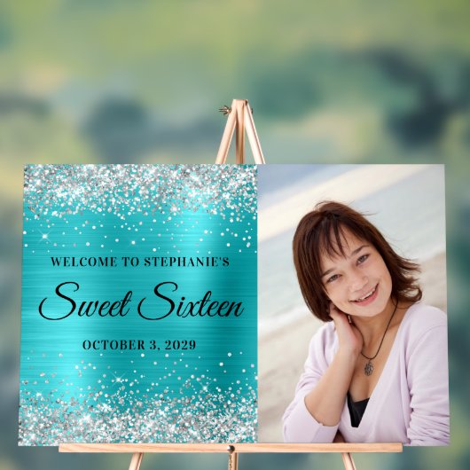 Silver Glitter Turquoise Blue Folie Sweet Sixteen Acryl Bord (Neutraal)
