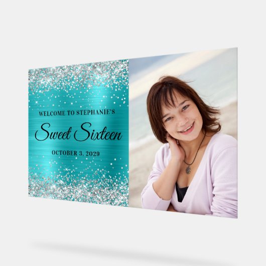 Silver Glitter Turquoise Blue Folie Sweet Sixteen Acryl Bord (Hoek)