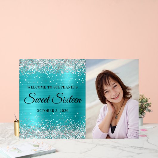 Silver Glitter Turquoise Blue Folie Sweet Sixteen Acryl Bord (Huwelijk)