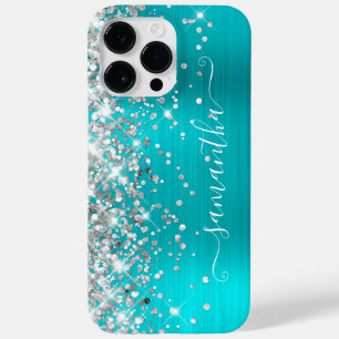 Silver Glitter Turquoise Blue Girly Signature Case-Mate iPhone 14 Pro Max Hoesje