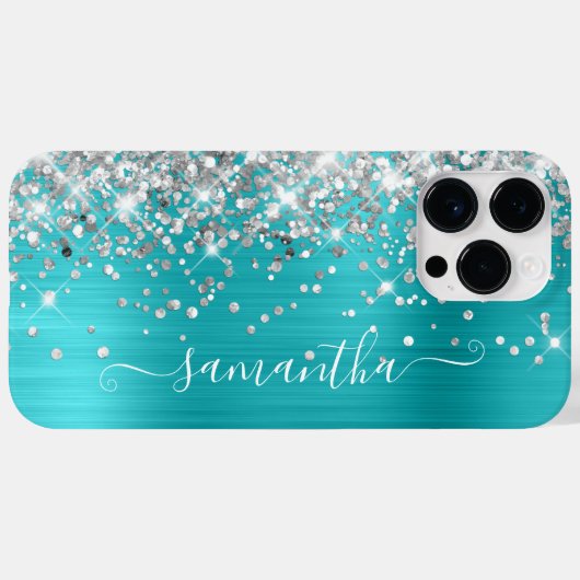 Silver Glitter Turquoise Blue Girly Signature Case-Mate iPhone Case (Achterkant (horizontaal))
