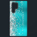 Silver Glitter Turquoise Blue Girly Signature Samsung Galaxy Hoesje<br><div class="desc">Meisjes faux dun slipje glitter hoogtepunten aan de linkerkant, over een faux heldere spijkertinus aqua en turquoise blue ombre geborstelde metalen folie. De moderne handtekening kenmerkt een elegant wit calligrafiedoopvont met decoratieve staarten in een verticaal formaat. Pas de doopvontstijlen aan of verplaats de glinsterende grafiek aan creëer uw eigen telefoontoestel....</div>