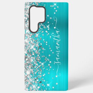 Silver Glitter Turquoise Blue Girly Signature Samsung Galaxy Hoesje