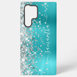 Silver Glitter Turquoise Blue Girly Signature Samsung Galaxy Hoesje