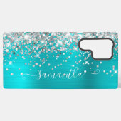 Silver Glitter Turquoise Blue Girly Signature Samsung Galaxy Hoesje (Achterkant horizontaal)