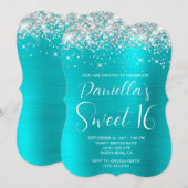 Silver Glitter Turquoise Blue Luxurious Sweet 16 Kaart (Voorkant / Achterkant)