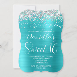 Silver Glitter Turquoise Blue Luxurious Sweet 16 Kaart