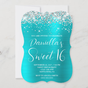 Silver Glitter Turquoise Blue Luxurious Sweet 16 Kaart