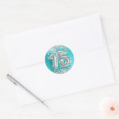 Silver Glitter Turquoise Blue Number 15 Birthday Ronde Sticker (Envelop)