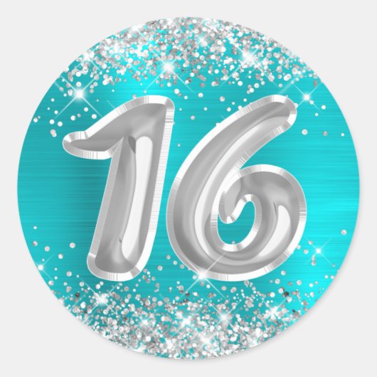 Silver Glitter Turquoise Blue Number 16 Birthday Ronde Sticker (Voorkant)